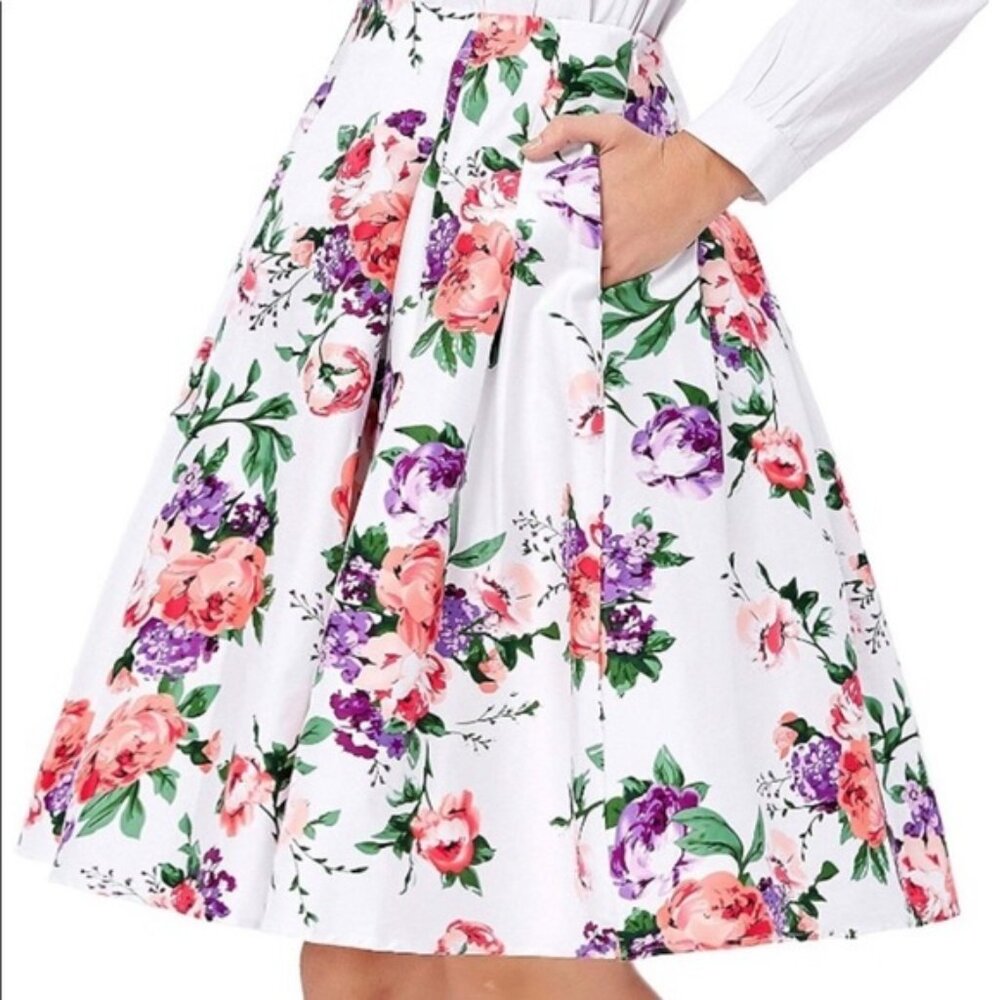 Grace Karin Floral Flare Skirt Medium Pockets NWOT